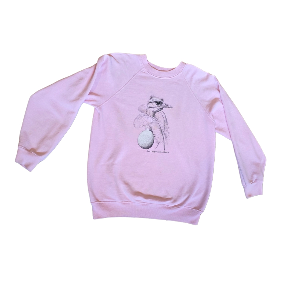 Vintage Sweatshirt 80s Grannycore Retro Ostrich Bird Egg Pastel Pink Small